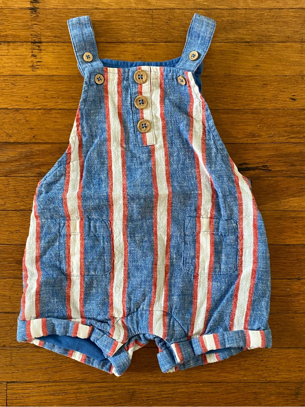 Baby Boden Short Woven Overalls -Blue and Red Stripe